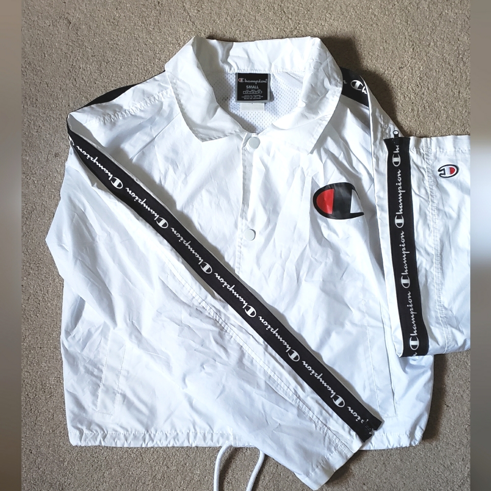 Women's CHAMPION Windbreaker Jacket, Size: S, Color: White w/Black trim details
